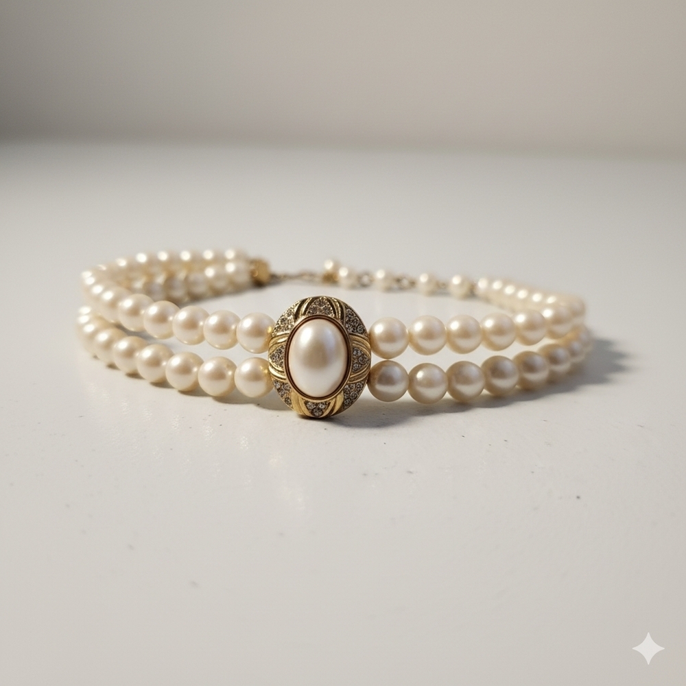 Vintage Double Strand Faux Pearl Choker Bracelet Gold Tone Rhinestone Clasp